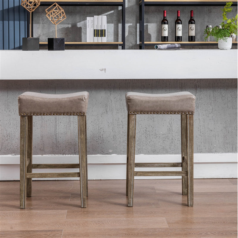 2x Wooden Legs Saddle Bar Stools Leather Padded Counter Chairs with studs 74.5cm Height