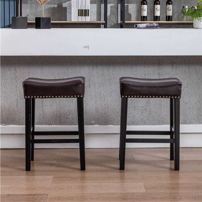 2x Wooden Legs Saddle Bar Stools Backless Leather Padded Counter Chairs 66cm Height