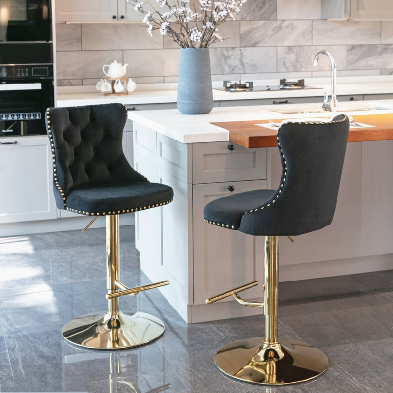 2x Height Adjustable Swivel Bar Stool Velvet Studs Barstool with Footrest and Golden Base- Black