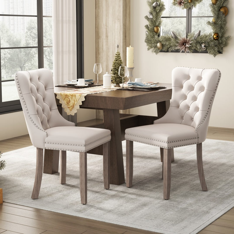 2x Velvet Dining Chairs Upholstered Tufted Kithcen Chair with Solid Wood Legs Stud Trim and Ring-Beige