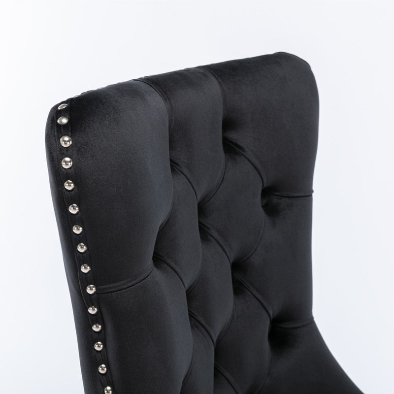 2x Velvet Dining Chairs Upholstered Tufted Kithcen Chair with Solid Wood Legs Stud Trim and Ring-Black