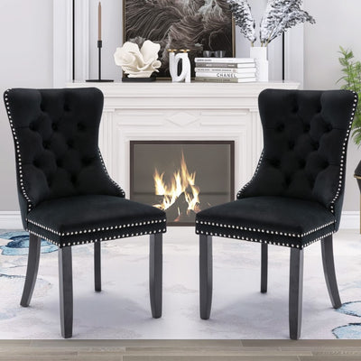 2x Velvet Dining Chairs Upholstered Tufted Kithcen Chair with Solid Wood Legs Stud Trim and Ring-Black