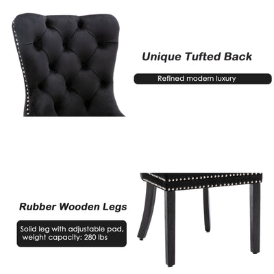 2x Velvet Dining Chairs Upholstered Tufted Kithcen Chair with Solid Wood Legs Stud Trim and Ring-Black