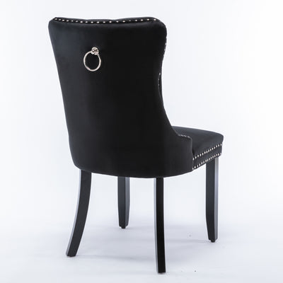 2x Velvet Dining Chairs Upholstered Tufted Kithcen Chair with Solid Wood Legs Stud Trim and Ring-Black