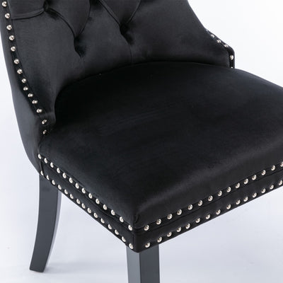 2x Velvet Dining Chairs Upholstered Tufted Kithcen Chair with Solid Wood Legs Stud Trim and Ring-Black