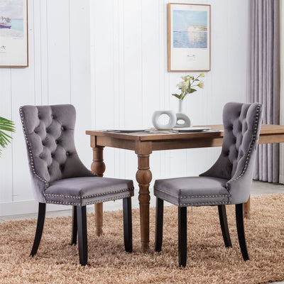 2x Velvet Dining Chairs Upholstered Tufted Kithcen Chair with Solid Wood Legs Stud Trim and Ring-Gray