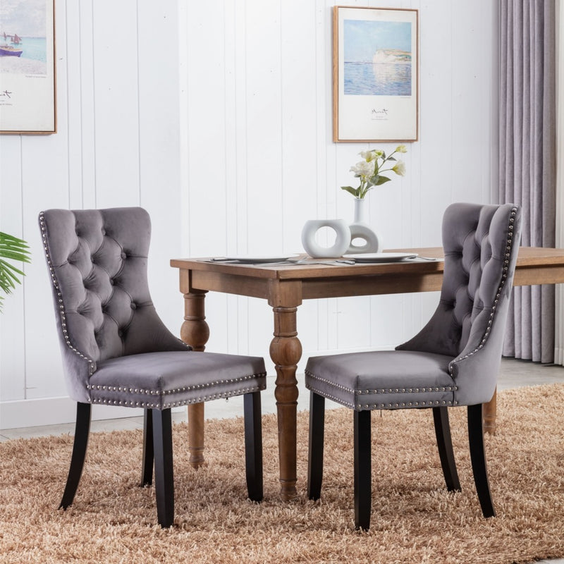 2x Velvet Dining Chairs Upholstered Tufted Kithcen Chair with Solid Wood Legs Stud Trim and Ring-Gray