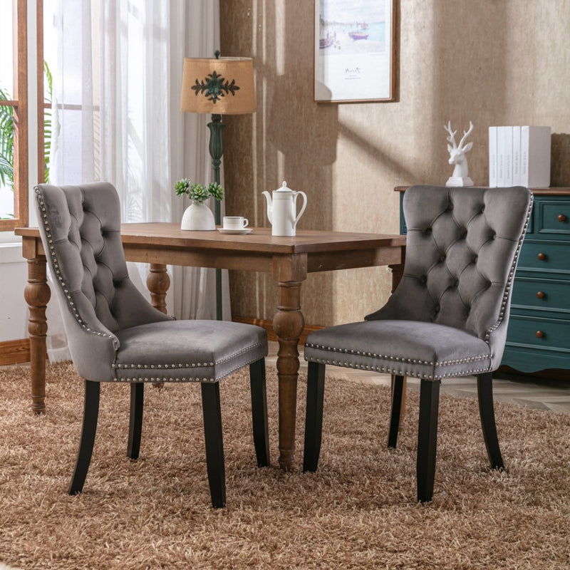 2x Velvet Dining Chairs Upholstered Tufted Kithcen Chair with Solid Wood Legs Stud Trim and Ring-Gray