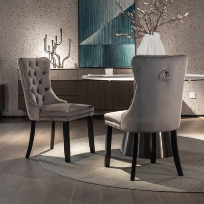 2x Velvet Dining Chairs Upholstered Tufted Kithcen Chair with Solid Wood Legs Stud Trim and Ring-Gray