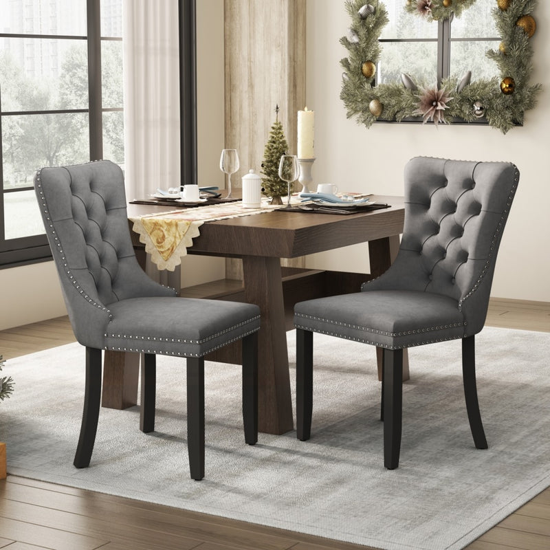 2x Velvet Dining Chairs Upholstered Tufted Kithcen Chair with Solid Wood Legs Stud Trim and Ring-Gray