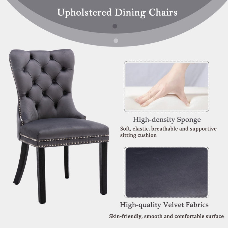 2x Velvet Dining Chairs Upholstered Tufted Kithcen Chair with Solid Wood Legs Stud Trim and Ring-Gray