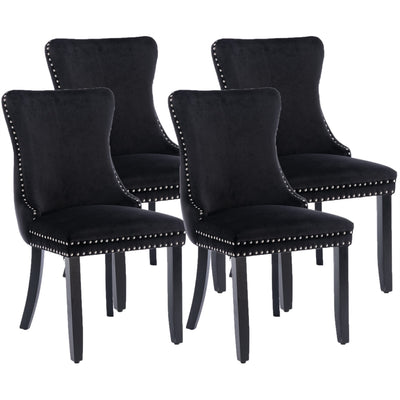 2x Velvet Upholstered Dining Chairs Tufted Wingback Side Chair with Studs Trim Solid Wood Legs for Kitchen