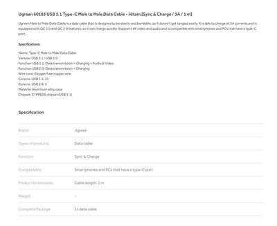 UGREEN USB 3.1 Type-C M/M Gen1 3A Data Cable 1m - 60183