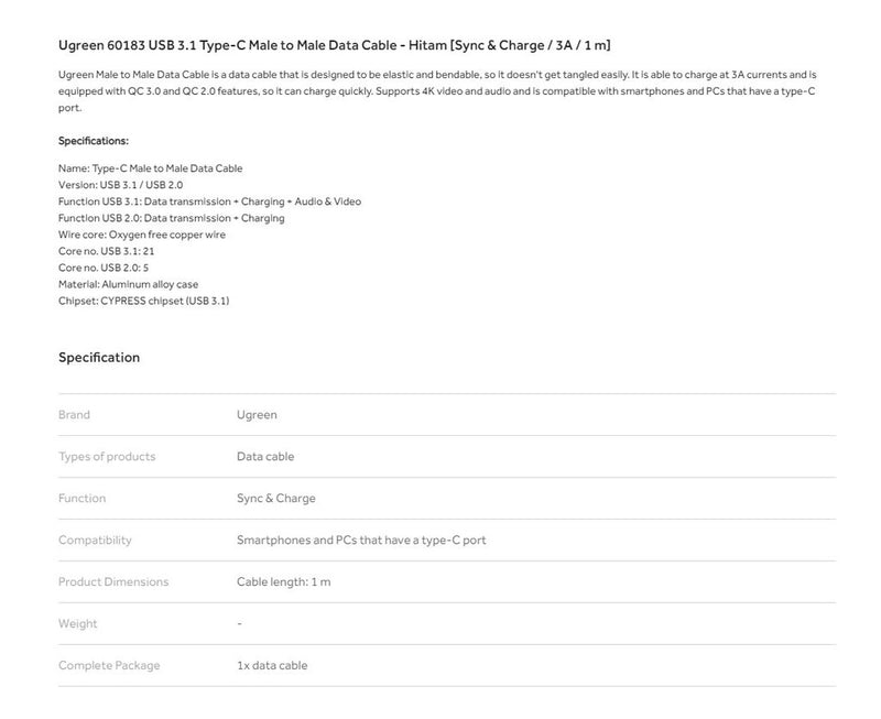 UGREEN USB 3.1 Type-C M/M Gen1 3A Data Cable 1m - 60183