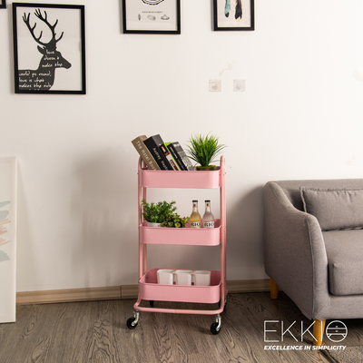 EKKIO Kitchen Trolley Cart 3 Tier (Pink)