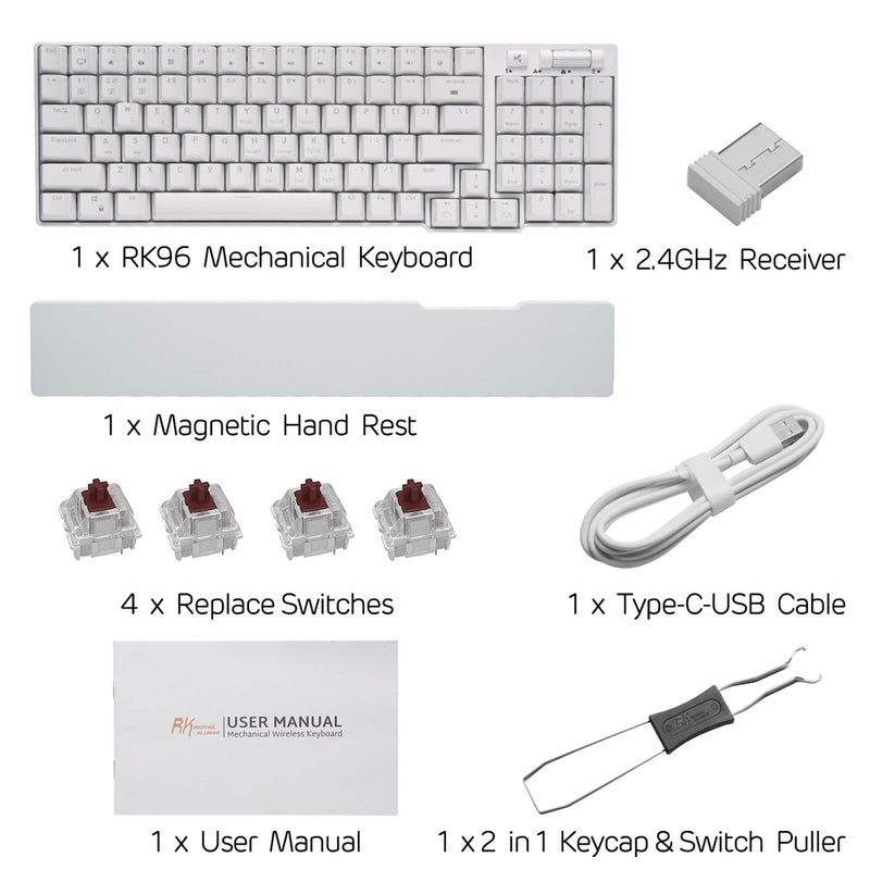 Royal Kludge RK96 Wired Tri Mode Bluetooth RGB Hot Swappable Mechanical Keyboard White (Brown Switch)