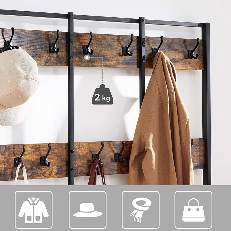 VASAGLE Large Coat Rack Stand Coat Tree with 12 Hooks and Shoe Bench Brown and Black HSR86BX