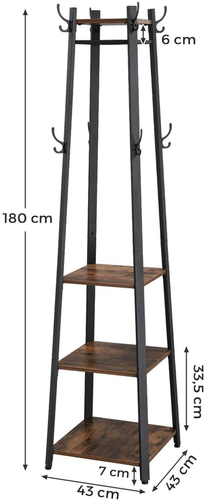 VASAGLE Coat Rack Stand with 3 Shelves Rustic Brown and Black