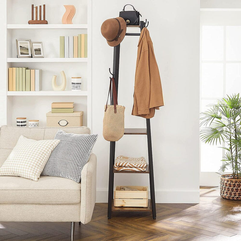 VASAGLE Coat Rack Stand with 3 Shelves Rustic Brown and Black