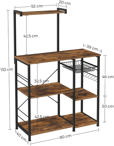 VASAGLE Baker's Rack with Shelves Microwave Stand with Wire Basket 6 S-Hooks Rustic Brown