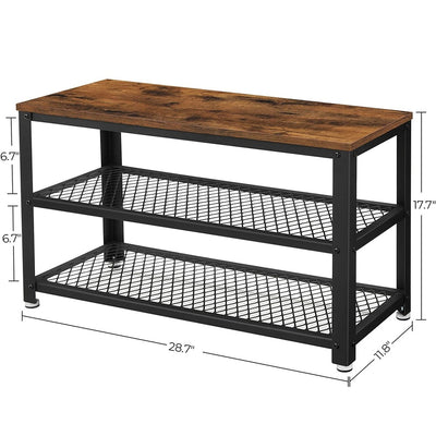 VASAGLE Shoe Bench with Seat Shoe Rack with 2 Mesh Shelves Rustic Brown and Black