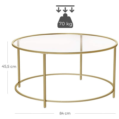 VASAGLE Round Coffee Table Glass Table with Steel Frame Gold