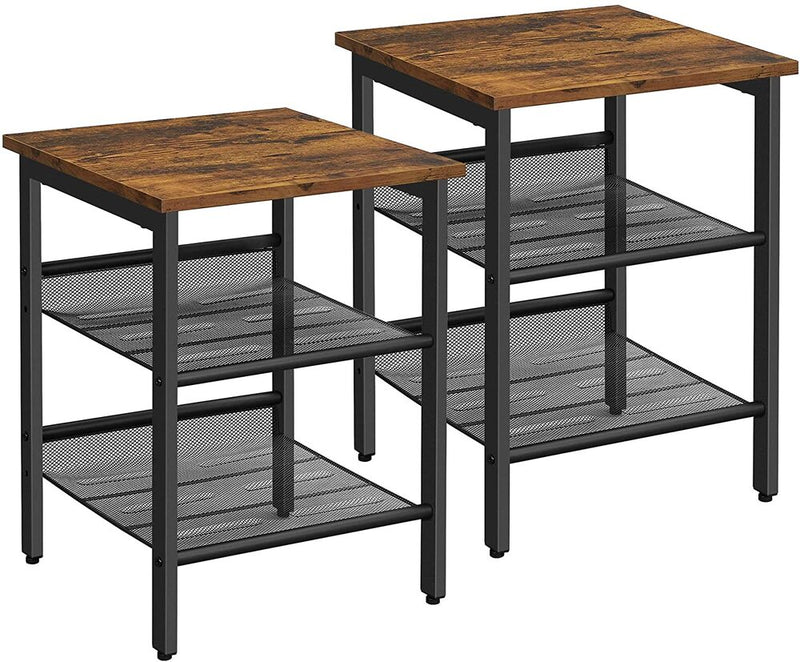 VASAGLE Side Table Set Nightstand Industrial Set of 2 Bedside Tables with Adjustable Mesh Shelves Rustic Brown and Black LET24X