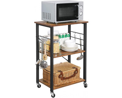 VASAGLE Kitchen Shelf on Wheels Serving Trolley with 3 Shelves Metal Frame with 6 Hook Rustic Brown KKS60XV1