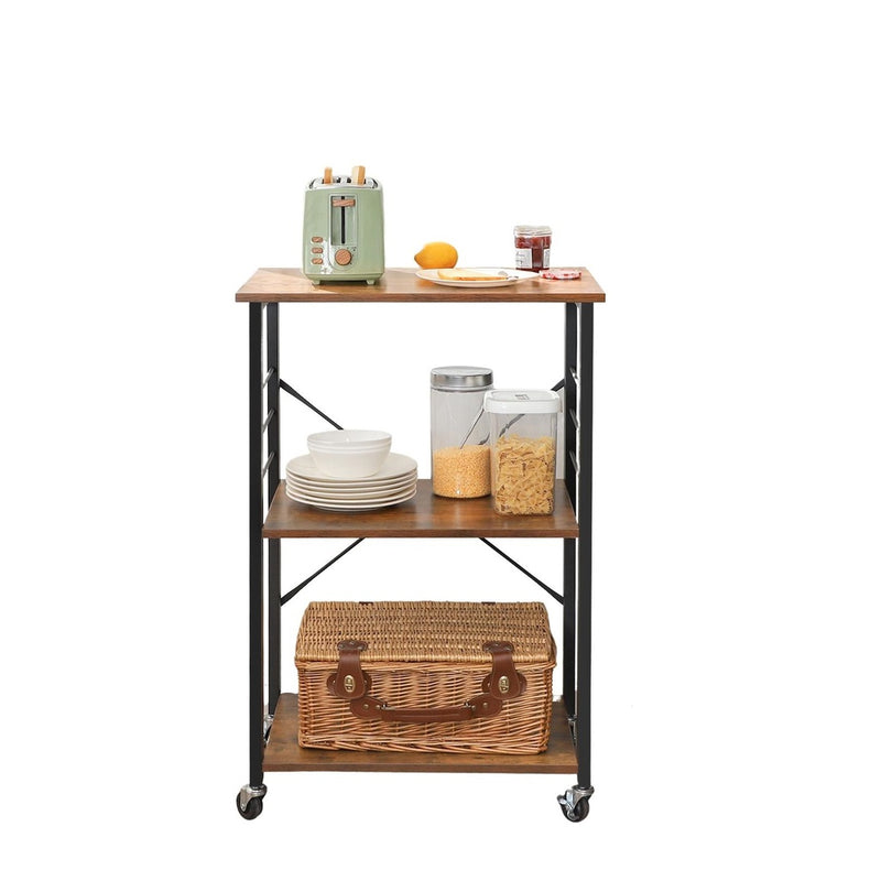 VASAGLE Kitchen Shelf on Wheels Serving Trolley with 3 Shelves Metal Frame with 6 Hook Rustic Brown KKS60XV1