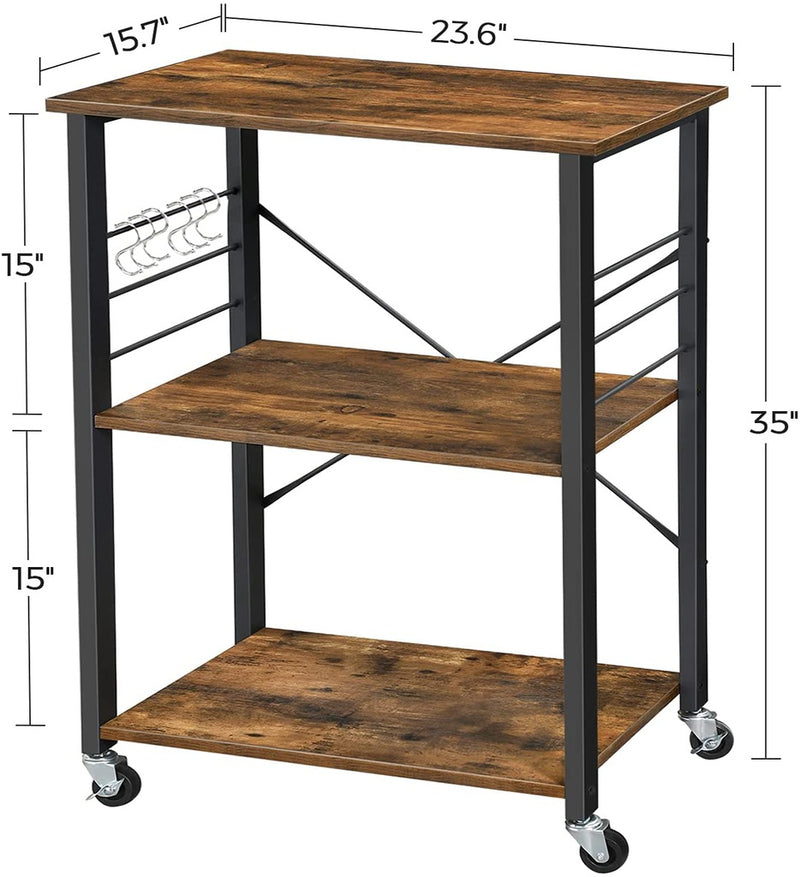 VASAGLE Kitchen Shelf on Wheels Serving Trolley with 3 Shelves Metal Frame with 6 Hook Rustic Brown KKS60XV1