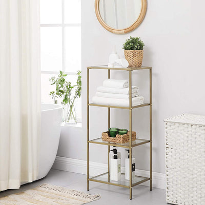 VASAGLE Storage Shelf 4-Tier Tempered Glass Gold