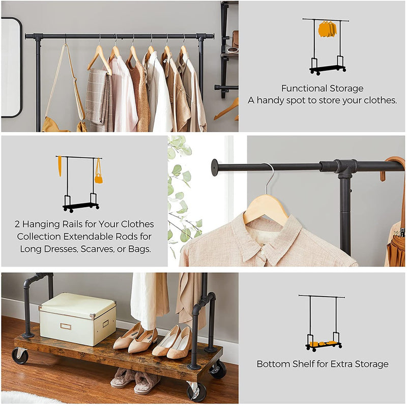 VASAGLE Clothes Rack Single Rail Rustic Brown and Black