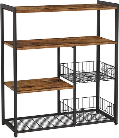 VASAGLE Baker_‹_s Rack Kitchen Island with 2 Metal Mesh Baskets Shelves and Hooks Industrial Style Rustic Brown KKS96X