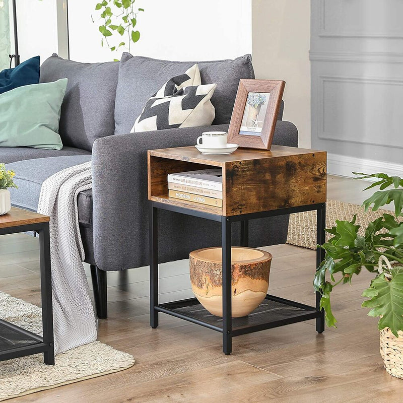 VASAGLE Nightstand Side Table End Table with Open Compartment and Mesh Shelf for Living Room Bedroom Easy Assembly Space Saving Industrial Rustic Brown and Black LET46X