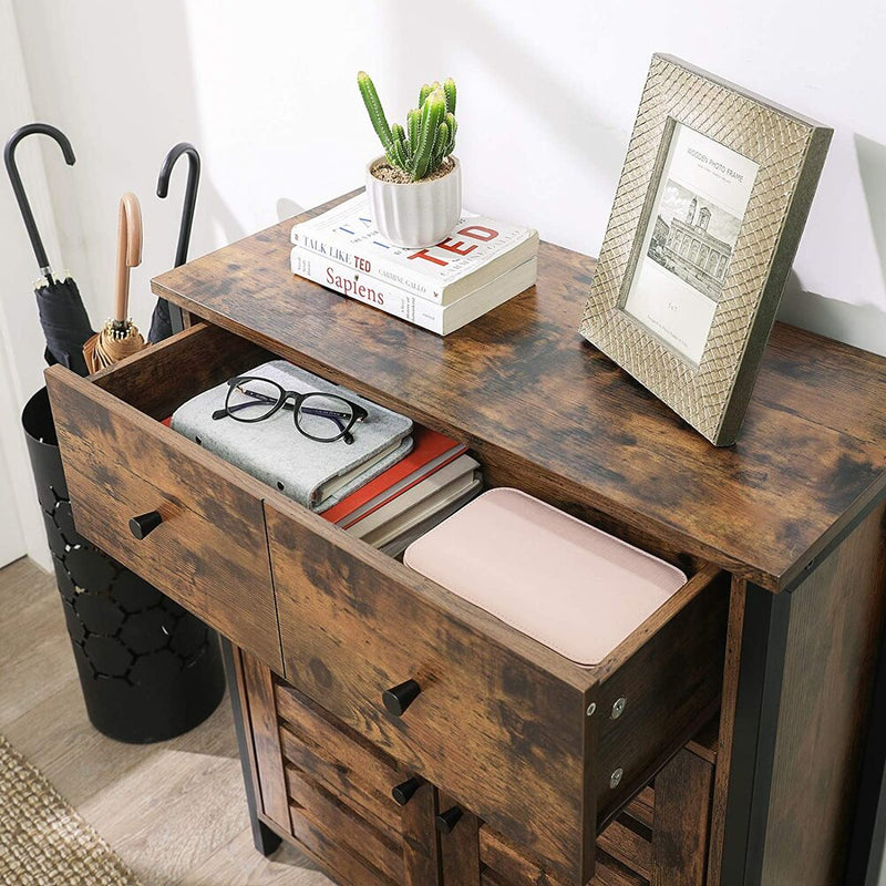 VASAGLE Floor Cabinet Freestanding Cabinet with 1 Drawer and Shelf Kitchen Storage Cabinet Louvered Doors for Living Room Hallway Office Bedroom Rustic Brown LSC86BX