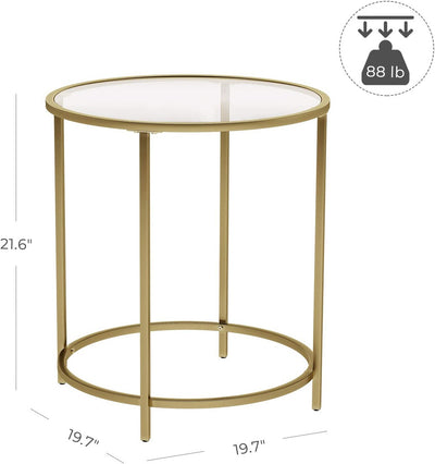 VASAGLE Round Side Table Tempered Glass End Table With Golden Metal Frame Small Coffee Table Gold