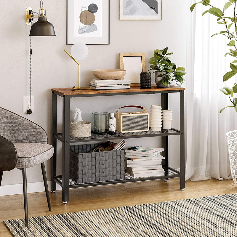 VASAGLE Industrial Console Table with 2 Mesh Shelves Rustic Brown and Black