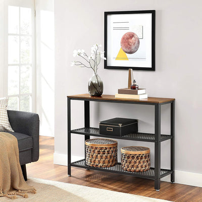 VASAGLE Industrial Console Table with 2 Mesh Shelves Rustic Brown and Black