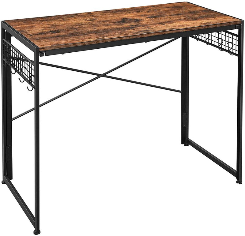 VASAGLE Computer Desk Folding Writing Desk with 8 Hooks Rustic Brown and Black LWD42X