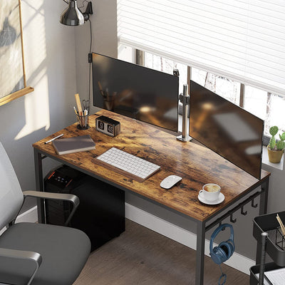 VASAGLE Computer Desk Writing Desk with 8 Hooks Rustic Brown and Black