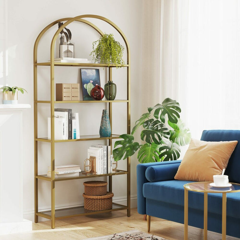 VASAGLE Bookshelf 5 Tier Tempered Glass with Gold Metal Frame