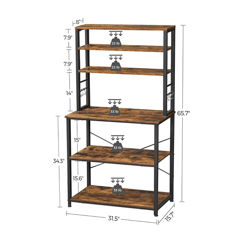 VASAGLE 6 Tier Storage Shelves with 6 Hooks Rustic Brown and Black