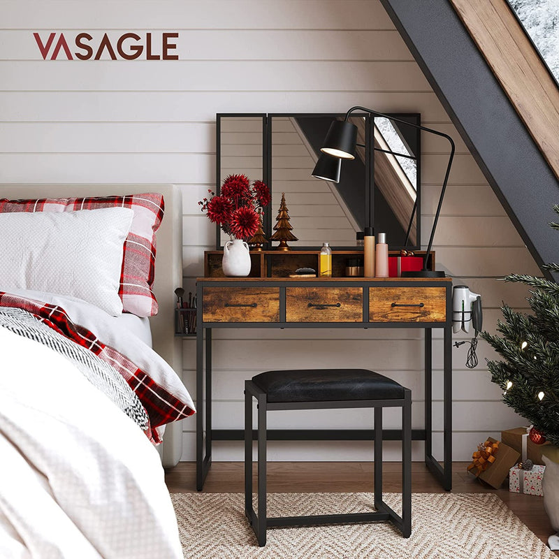 VASAGLE Dresser Table with Trifold Mirror Rustic Brown and Black RVT004B01