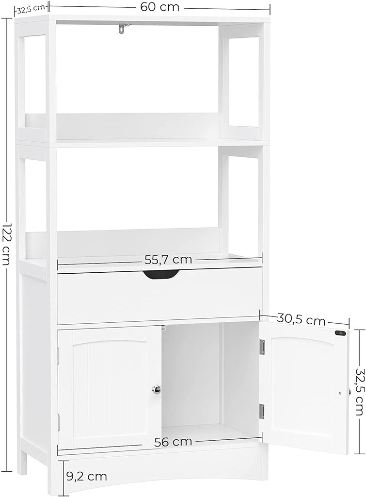 VASAGLE Floor Cabinet with Drawer 2 Open Shelves and Double Doors White BBC64WT