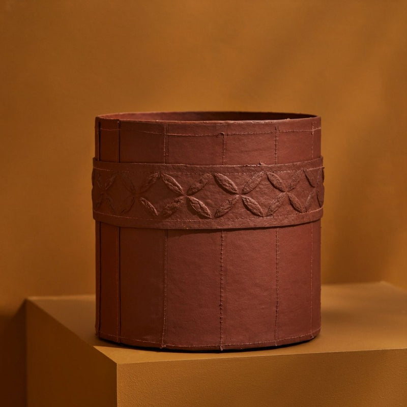 Tree Stripes Leather Look Cylinder Pot - Cognac (Small)