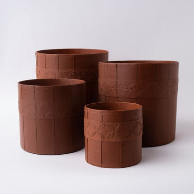 Tree Stripes Leather Look Cylinder Pot - Cognac (Small)