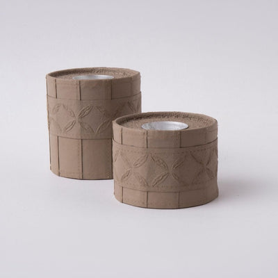 Tree Stripes Leather Look Cylinder Tea Light Holder - Beige (Large)