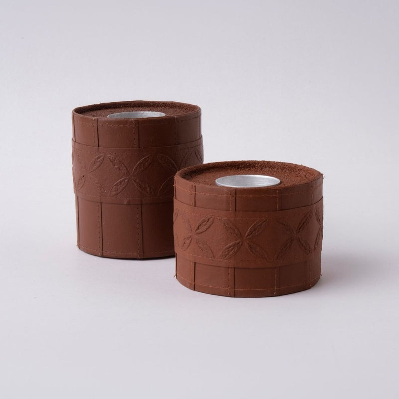 Tree Stripes Leather Look Cylinder Tea Light Holder - Cognac (Large)