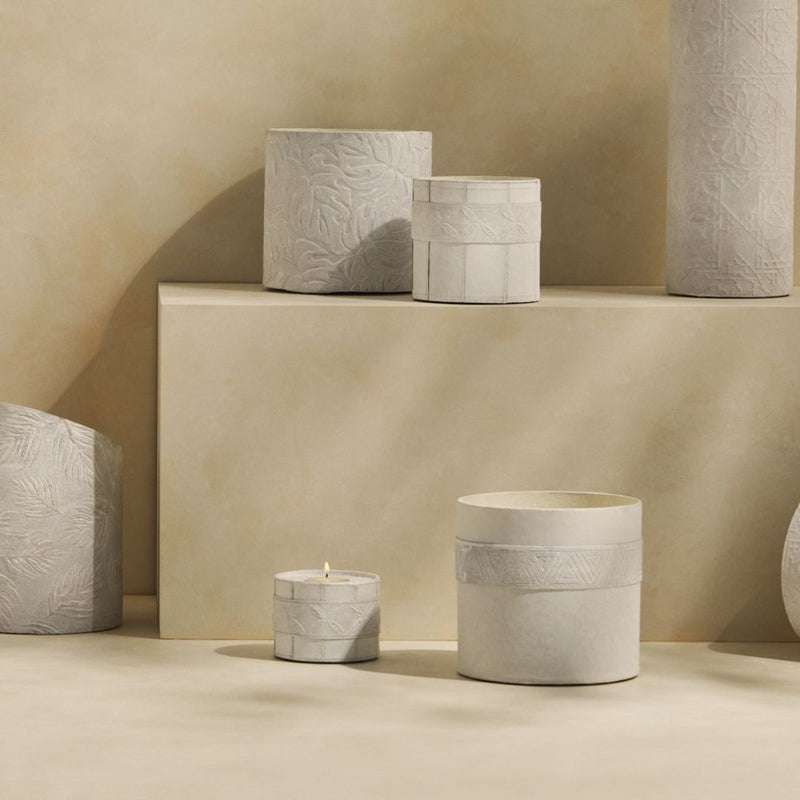 Tree Stripes Leather Look Cylinder Tea Light Holder - White (Medium)