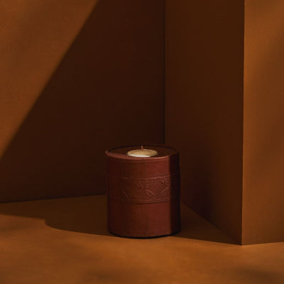 Tree Stripes Leather Look Cylinder Tea Light Holder - White (Medium)